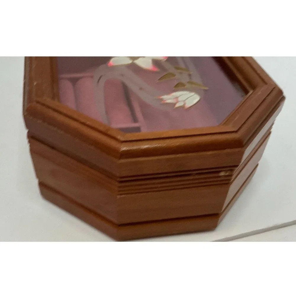 Vintage Wooden Jewelry Box Etched Glass Floral Lid Octagonal Brown